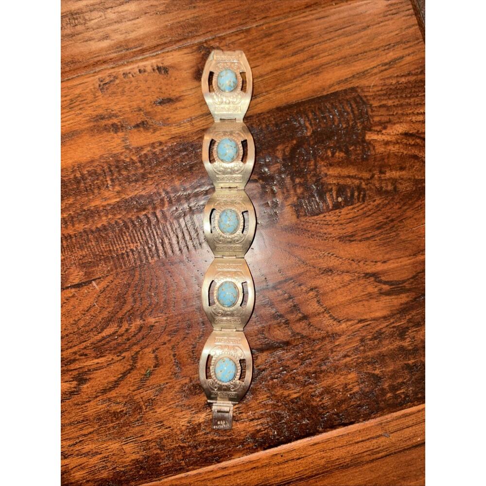 INCREDABLE AUTHENTIC SIGNED MEXICO STERLING SILVER & TURQUOISE BRACELET 7” - Picture 3 of 8